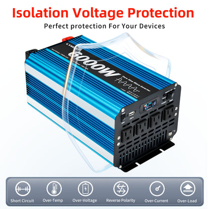 LVYUAN 3000W 6000W Peak Pure Sine Wave Power Inverter 12V DC to 110V AC Converter, 60Hz/50Hz, 4 AC Outlets + USB, LCD Display, Remote Control for Car, RV, Camping & Home Backup Blue