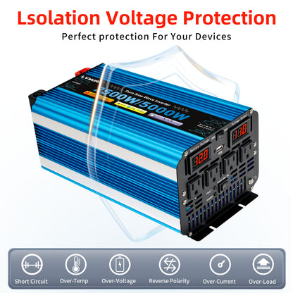 LVYUAN 2500W 5000W Peak Pure Sine Wave Power Inverter 12V DC to 110V AC Converter, 60Hz/50Hz, 4 AC Outlets + USB, LED Display, Remote Control for Car, RV, Camping & Home Backup
