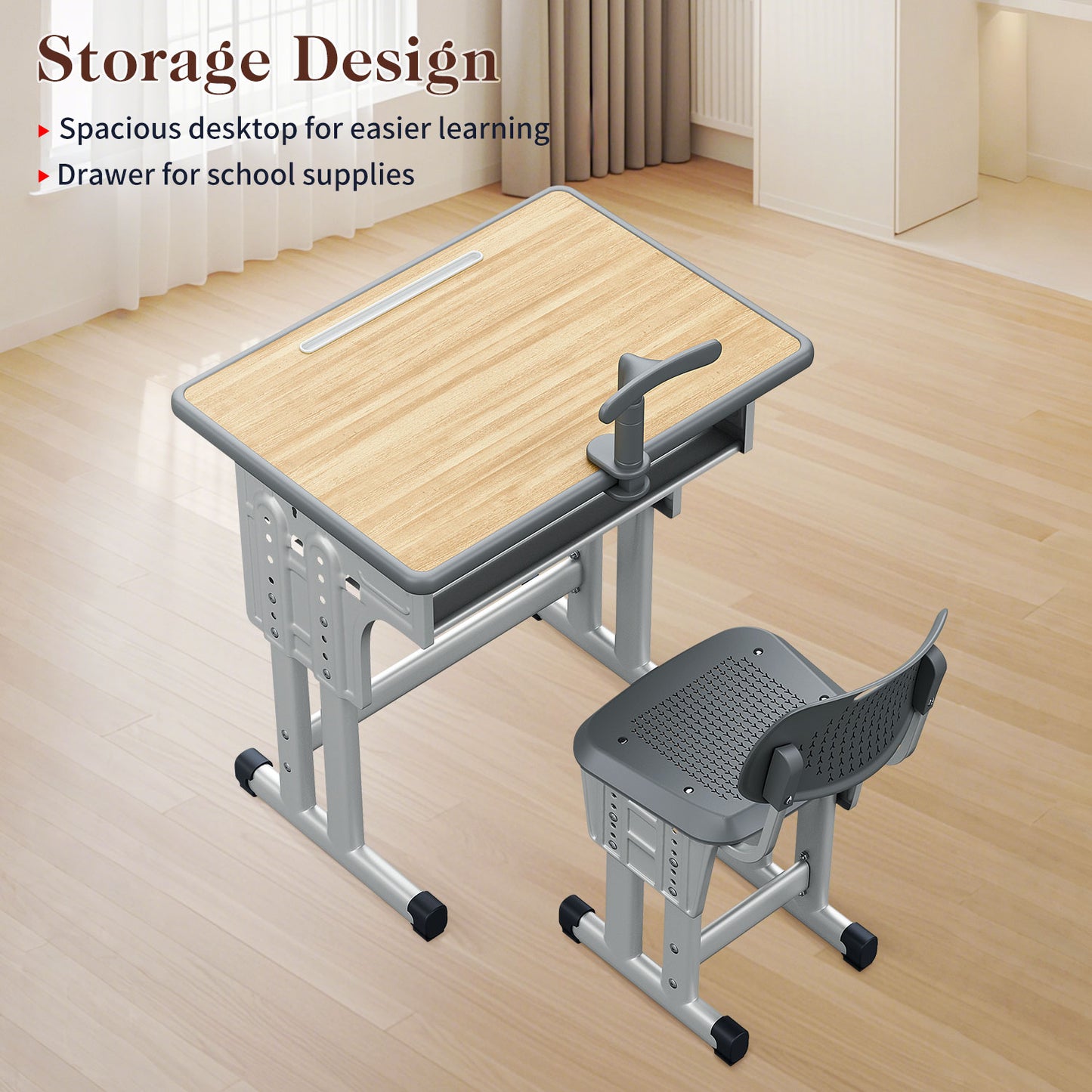 Kids Study Desk and Chair Set, LVYUAN Height Adjustable Children School Study Drawing Desk, Ergonomic Kids Table Desk and Chair Set with Storage Drawer, Hook, Bracket, Pen Slot for Ages 3-18 Gray