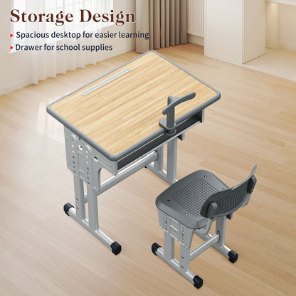 Kids Study Desk and Chair Set, LVYUAN Height Adjustable Children School Study Drawing Desk, Ergonomic Kids Table Desk and Chair Set with Storage Drawer, Hook, Bracket, Pen Slot for Ages 3-18 Gray
