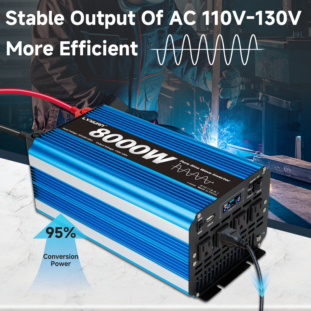LVYUAN 4000W 8000W Peak Pure Sine Wave Power Inverter 24V DC to 110V AC Converter, 60Hz/50Hz, 4 AC Outlets + USB, LCD Display, Remote Control for Car, RV, Camping & Home Backup Blue