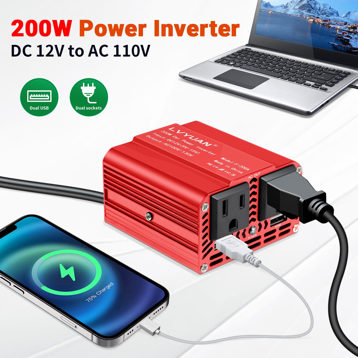 LVYUAN 200W Modified Sine Wave Power Inverter 12V DC to 110V AC Vehicles Converter 2 AC Outlets + 2USB Charger Car Plug Adapter for Laptop, Computer, Car, RV, Camping & Home Red