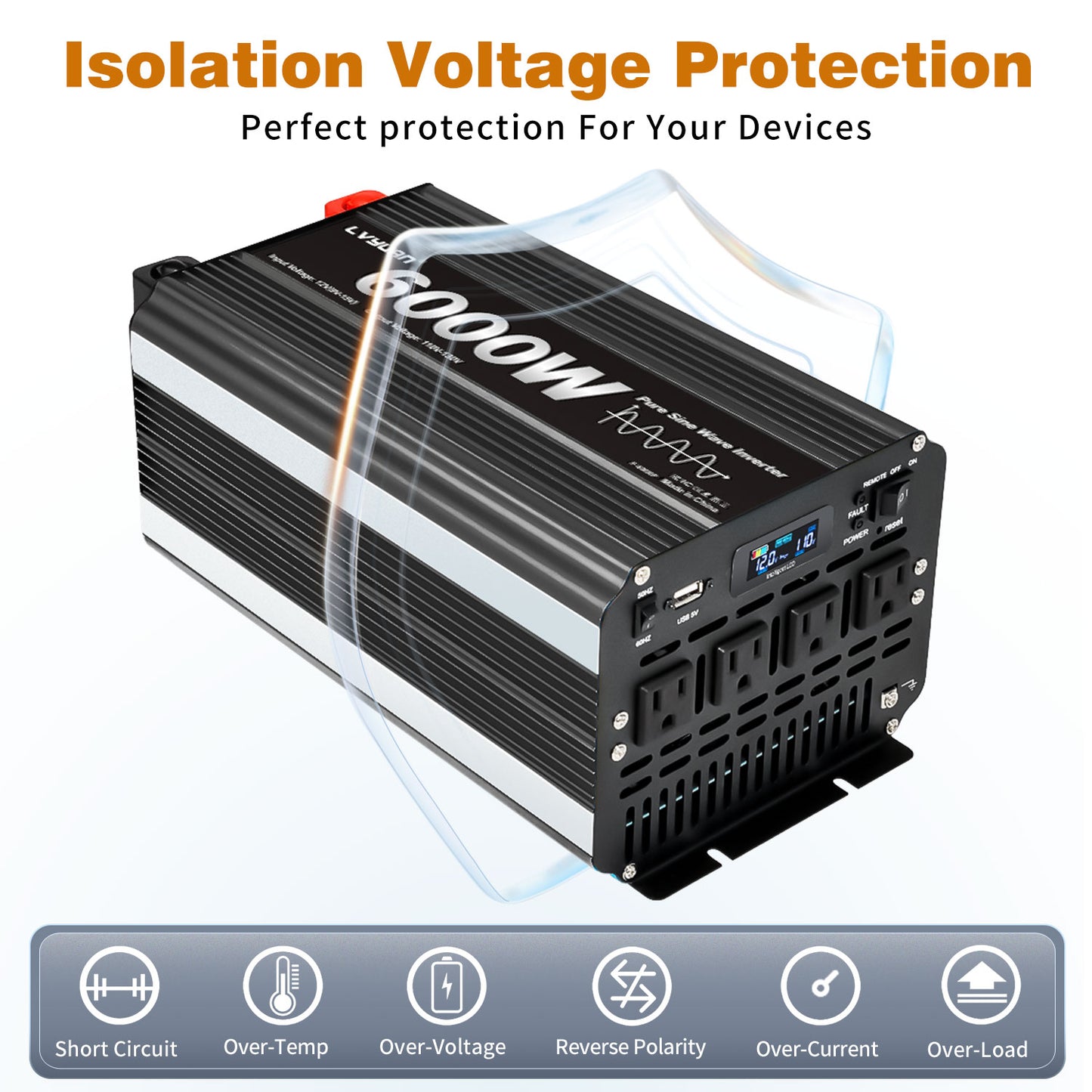 LVYUAN 3000W 6000W Peak Pure Sine Wave Power Inverter 12V DC to 110V AC Converter, 60Hz/50Hz, 4 AC Outlets + USB, LCD Display, Remote Control for Car, RV, Camping & Home Backup Black