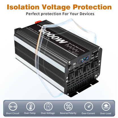 LVYUAN 3000W 6000W Peak Pure Sine Wave Power Inverter 12V DC to 110V AC Converter, 60Hz/50Hz, 4 AC Outlets + USB, LCD Display, Remote Control for Car, RV, Camping & Home Backup Black