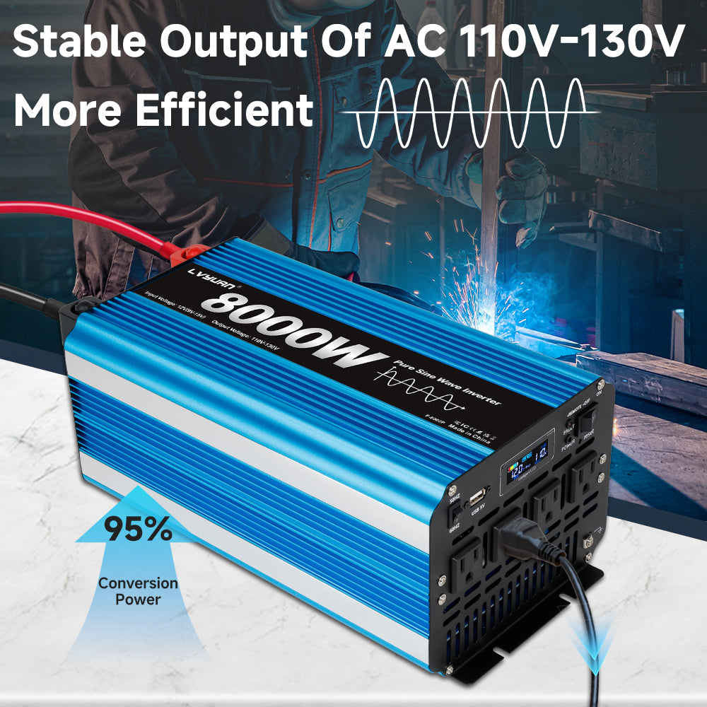 LVYUAN 4000W 8000W Peak Pure Sine Wave Power Inverter 12V DC to 110V AC Converter, 60Hz/50Hz, 4 AC Outlets + USB, LCD Display, Remote Control for Car, RV, Camping & Home Backup Blue