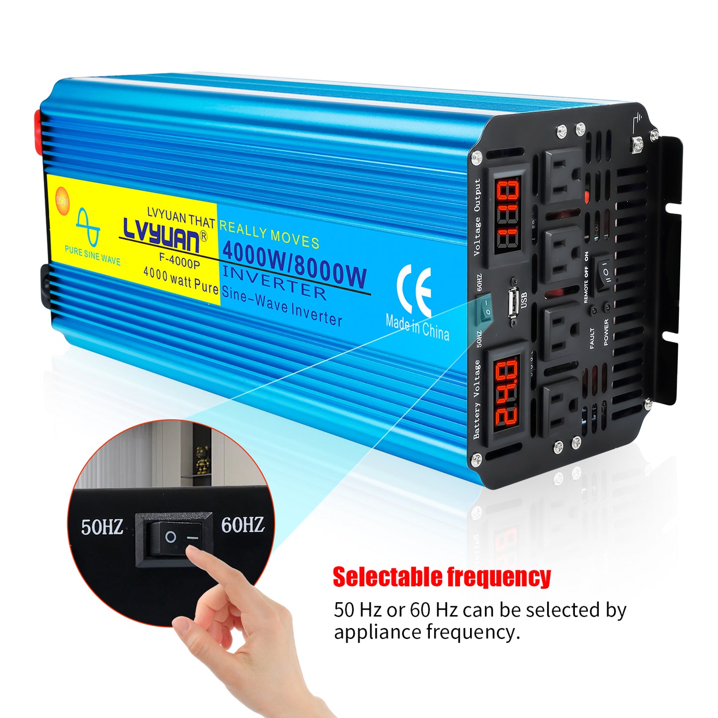 LVYUAN 4000W 8000W Peak Pure Sine Wave Power Inverter 24V DC to 110V AC Converter, 60Hz/50Hz, 4 AC Outlets + USB, LED Display, Remote Control for Car, RV, Camping & Home Backup