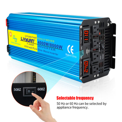 LVYUAN 4000W 8000W Peak Pure Sine Wave Power Inverter 24V DC to 110V AC Converter, 60Hz/50Hz, 4 AC Outlets + USB, LED Display, Remote Control for Car, RV, Camping & Home Backup