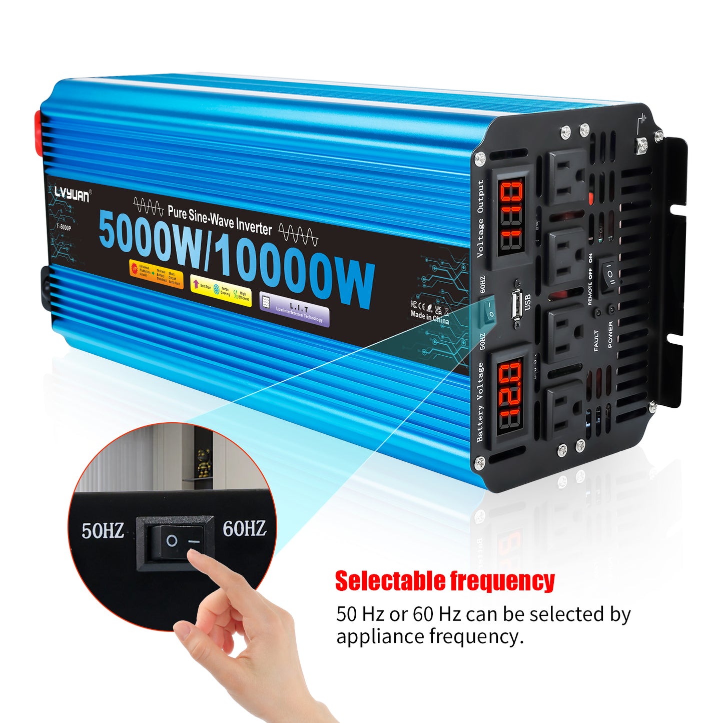 LVYUAN 5000W 10000W Peak Pure Sine Wave Power Inverter 12V DC to 110V AC Converter, 60Hz/50Hz, 4 AC Outlets + USB, LED Display, Remote Control for Car, RV, Camping & Home Backup