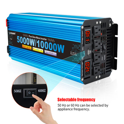 LVYUAN 5000W 10000W Peak Pure Sine Wave Power Inverter 12V DC to 110V AC Converter, 60Hz/50Hz, 4 AC Outlets + USB, LED Display, Remote Control for Car, RV, Camping & Home Backup
