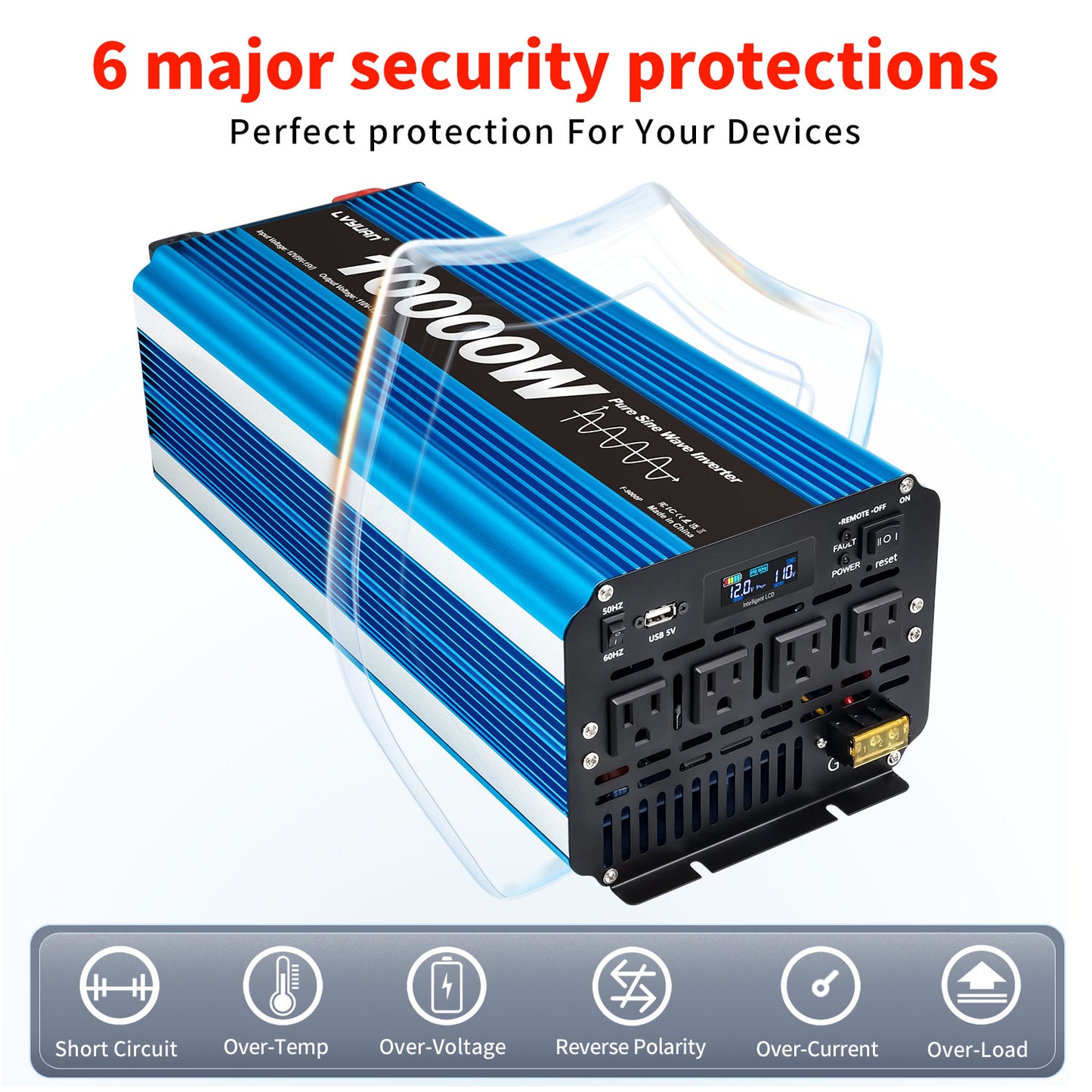 LVYUAN 5000W 10000W Peak Pure Sine Wave Power Inverter 12V DC to 110V AC Converter, 60Hz/50Hz, 4 AC Outlets + USB, LCD Display, Remote Control for Car, RV, Camping & Home Backup Blue