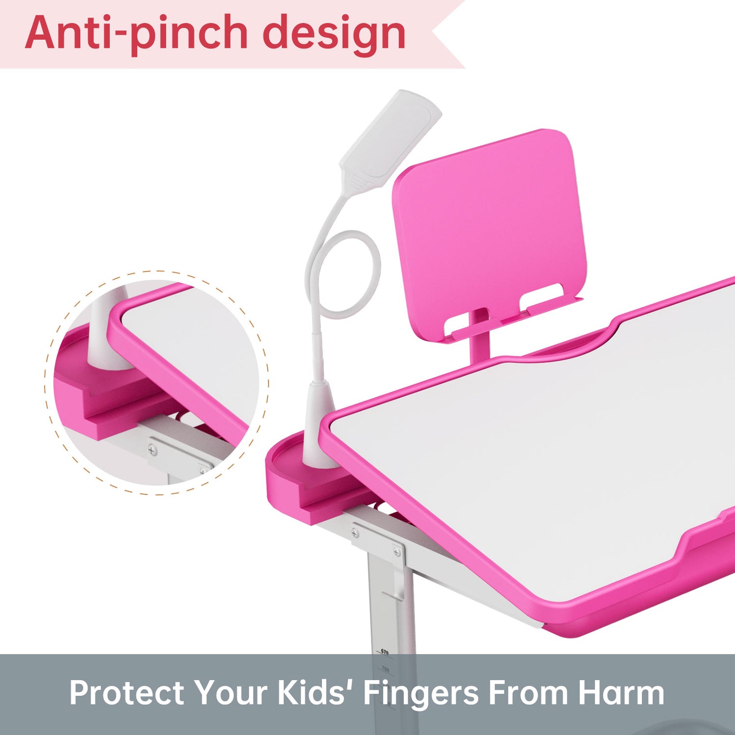 LVYUAN Kids Study Desk and Chair Set Height Adjustable Children School Study Drawing Desk Chair with LED Lamp, Tilt Desktop, Storage Drawer, Book Stand Pink