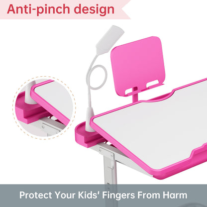 LVYUAN Kids Study Desk and Chair Set Height Adjustable Children School Study Drawing Desk Chair with LED Lamp, Tilt Desktop, Storage Drawer, Book Stand Pink