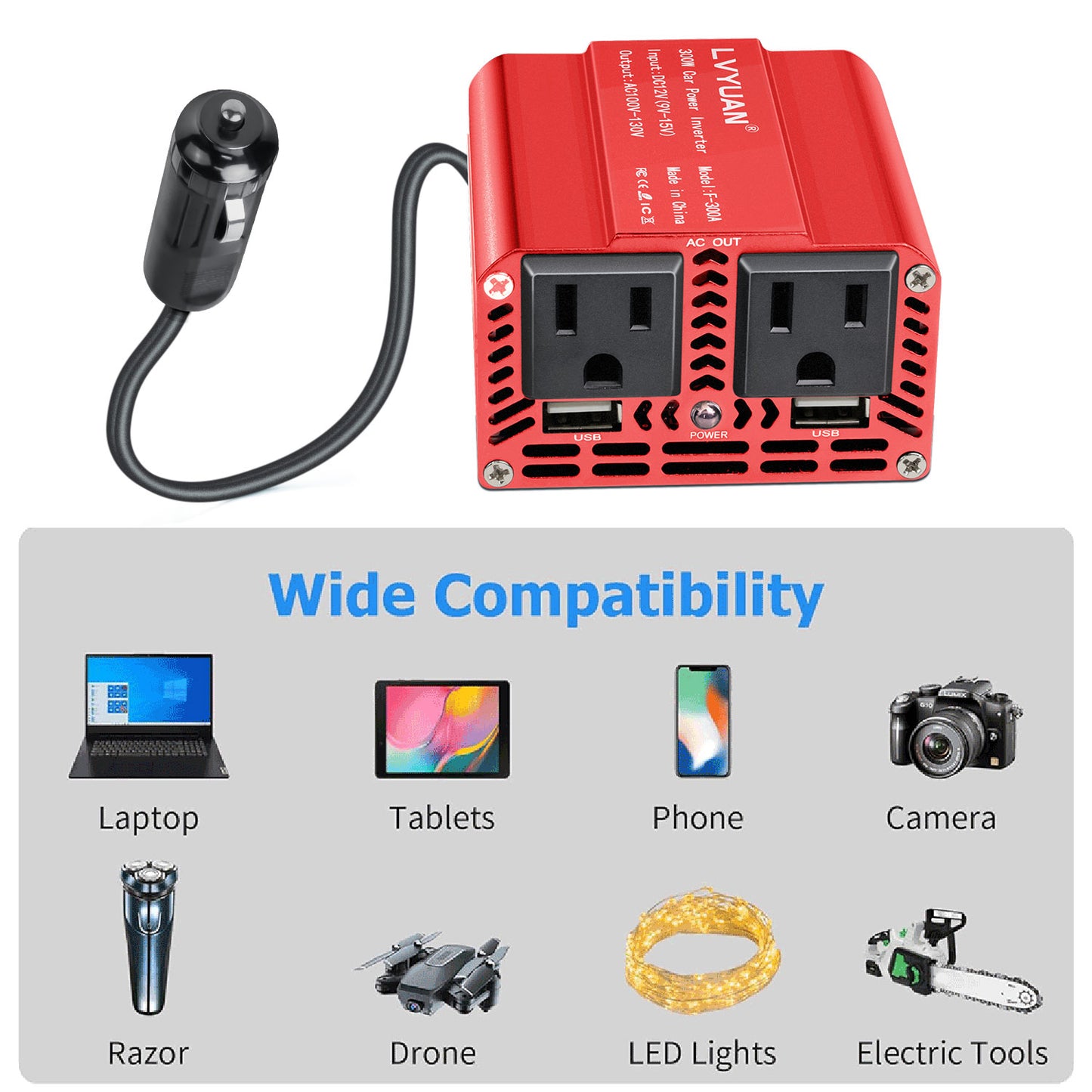 LVYUAN 300W Modified Sine Wave Power Inverter 12V DC to 110V AC Vehicles Converter 2 AC Outlets + 2USB Charger Car Plug Adapter for Laptop, Computer, Car, RV, Camping & Home Red