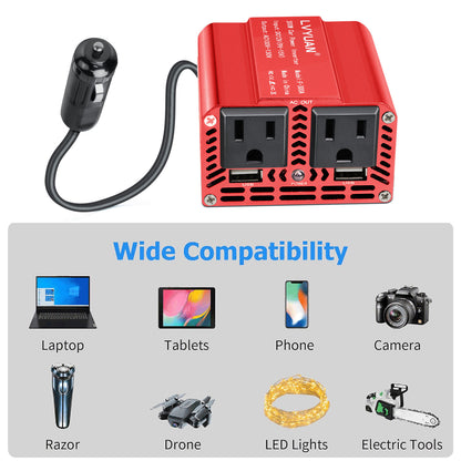LVYUAN 300W Modified Sine Wave Power Inverter 12V DC to 110V AC Vehicles Converter 2 AC Outlets + 2USB Charger Car Plug Adapter for Laptop, Computer, Car, RV, Camping & Home Red