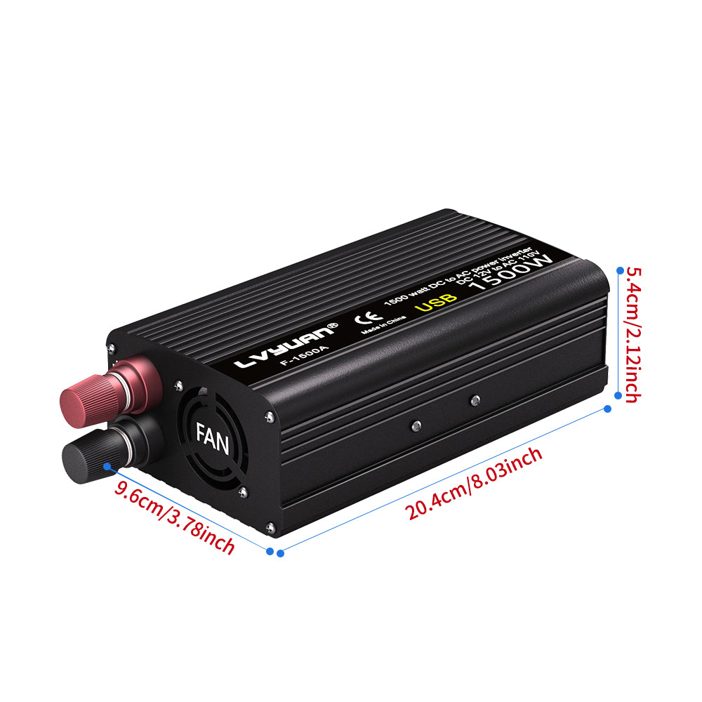 LVYUAN 1500 Watts Peak Power Inverter Modified Sine Wave DC 12V to AC 110V 120V Car Converter 2 AC Outlets + USB Adapter USB Charger for Car, RV, Camping & Home Backup Black