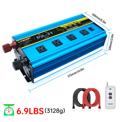 LVYUAN 3000W 6000W Pure Sine Wave Power Inverter DC 24V to AC 110V 120V Car Converter 4 AC Outlets + 4 USB LCD Display with Remote Control for Car, RV, Camping & Home Backup Blue