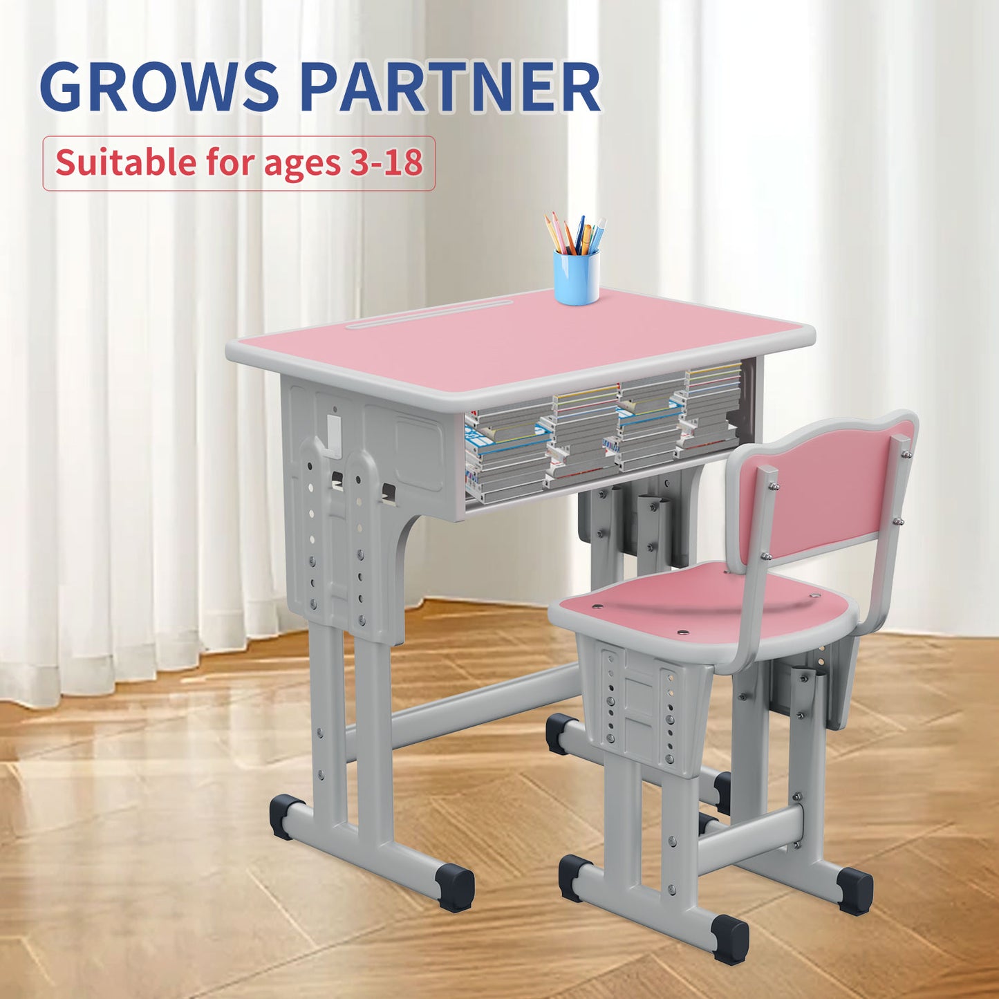 Kids Study Desk and Chair Set, LVYUAN Children School Study Drawing Desk Chair Height Adjustable Kids Table Desk and Chair Set with Storage Drawer, Hook Pink