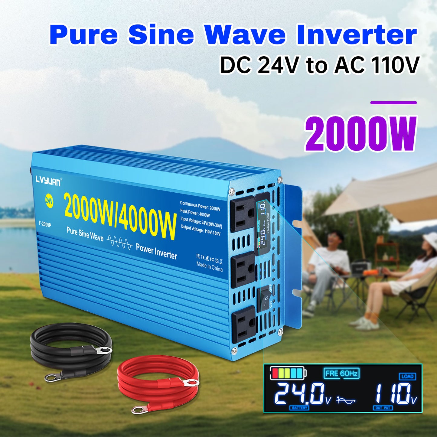 LVYUAN 2000W 4000W Peak Power Inverter DC 24V to AC 110V Pure Sine Wave Car Battery Inverter 3 AC Outlets Charger Adapter LCD Display for Car, RV, Truck, Camping, Home Backup, Emergency Power