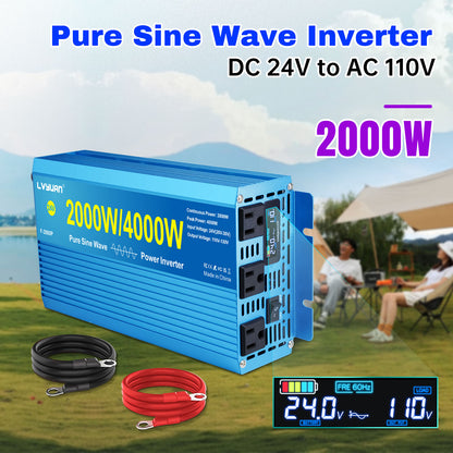 LVYUAN 2000W 4000W Peak Power Inverter DC 24V to AC 110V Pure Sine Wave Car Battery Inverter 3 AC Outlets Charger Adapter LCD Display for Car, RV, Truck, Camping, Home Backup, Emergency Power