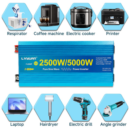 LVYUAN 2500W 5000W Peak Power Inverter DC 12V to AC 110V Pure Sine Wave Car Battery Inverter 3 AC Outlets & 2 USB Charger Adapter LCD Display for Car, RV, Truck, Camping, Home Backup, Emergency Power