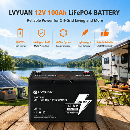 Lvyuan 12V 100Ah LiFePO4 Lithium Battery 1280Wh Deep Cycle Rechargeable Battery with Intelligent BMS