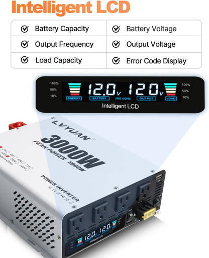 LVYUAN 3000W Power Inverter 12V to 110V/120V DC to AC Converter - 4 AC Outlets, LCD Display, USB Port & Remote Control for RV, Camping & Home