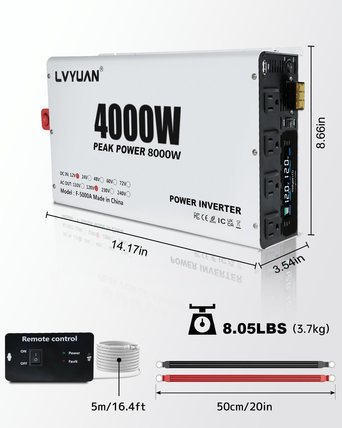LVYUAN 4000W Power Inverter 12V to 110V/120V DC to AC Converter - 4 AC Outlets, LCD Display, USB Port & Remote Control for RV, Camping & Home