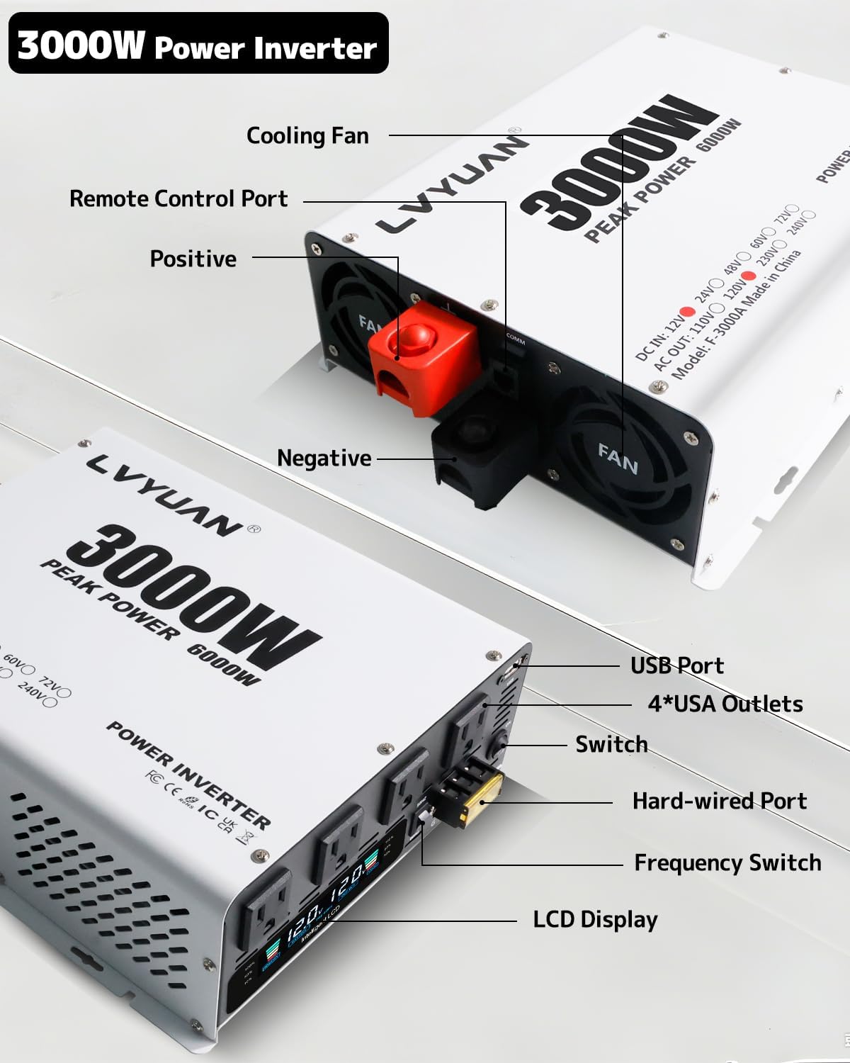 LVYUAN 3000W Power Inverter 12V to 110V/120V DC to AC Converter - 4 AC Outlets, LCD Display, USB Port & Remote Control for RV, Camping & Home