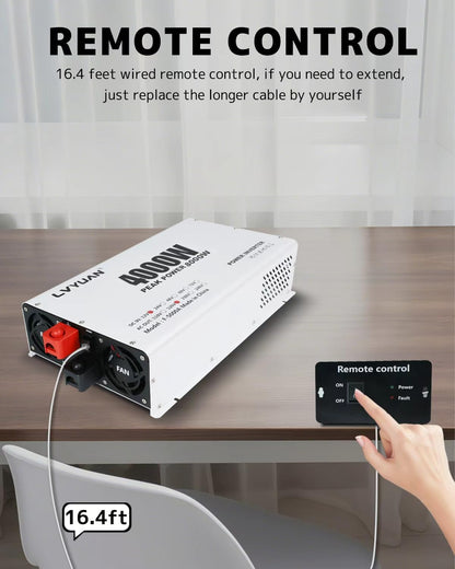 LVYUAN 4000W Power Inverter 12V to 110V/120V DC to AC Converter - 4 AC Outlets, LCD Display, USB Port & Remote Control for RV, Camping & Home