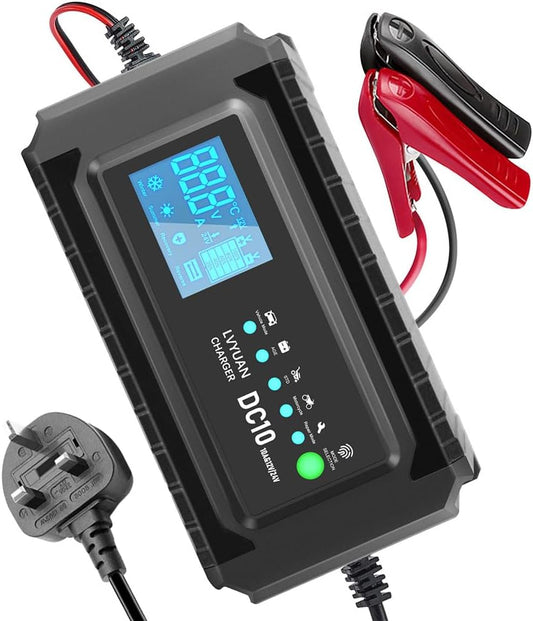 LVYUAN 10Amp 12V/24V Car Motorcycle Battery Charger, Smart Battery Charging for Truck Marine, Repair Maintains for AGM STD GEL & Lead Acid Batteries