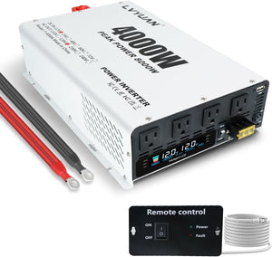 LVYUAN 4000W Power Inverter 12V to 110V/120V DC to AC Converter - 4 AC Outlets, LCD Display, USB Port & Remote Control for RV, Camping & Home