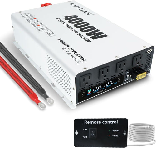 LVYUAN 4000W Power Inverter 12V to 110V/120V DC to AC Converter - 4 AC Outlets, LCD Display, USB Port & Remote Control for RV, Camping & Home