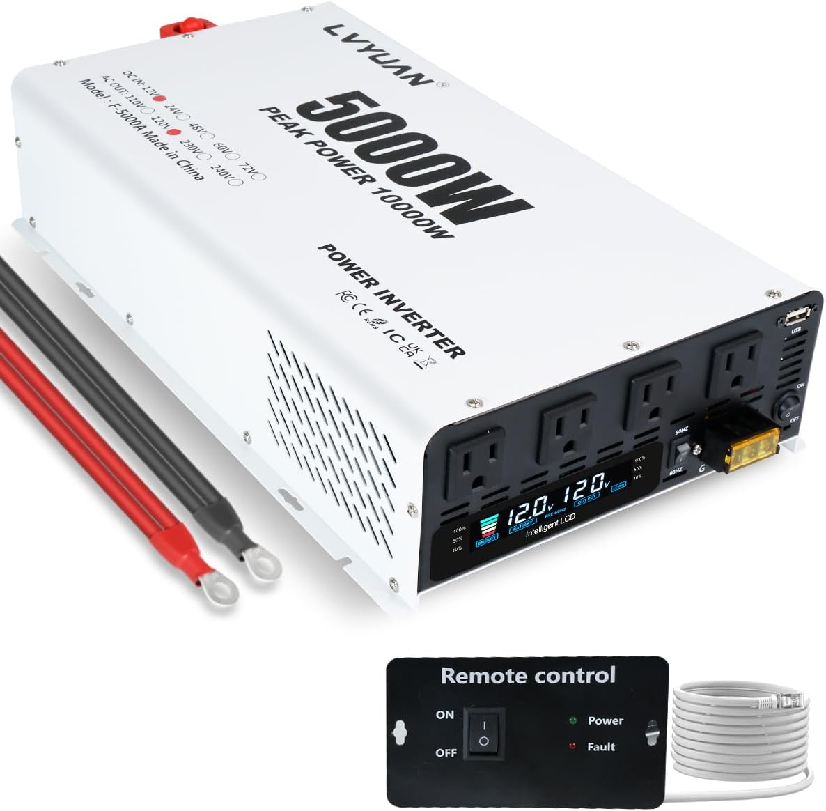 LVYUAN 5000W Power Inverter 12V to 110V/120V DC to AC Converter - 4 AC Outlets, LCD Display, USB Port & Remote Control for RV, Camping & Home