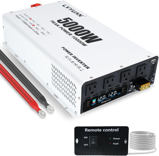 LVYUAN 5000W Power Inverter 12V to 110V/120V DC to AC Converter - 4 AC Outlets, LCD Display, USB Port & Remote Control for RV, Camping & Home