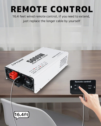 LVYUAN 5000W Power Inverter 12V to 110V/120V DC to AC Converter - 4 AC Outlets, LCD Display, USB Port & Remote Control for RV, Camping & Home