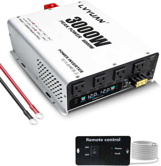 LVYUAN 3000W Power Inverter 12V to 110V/120V DC to AC Converter - 4 AC Outlets, LCD Display, USB Port & Remote Control for RV, Camping & Home