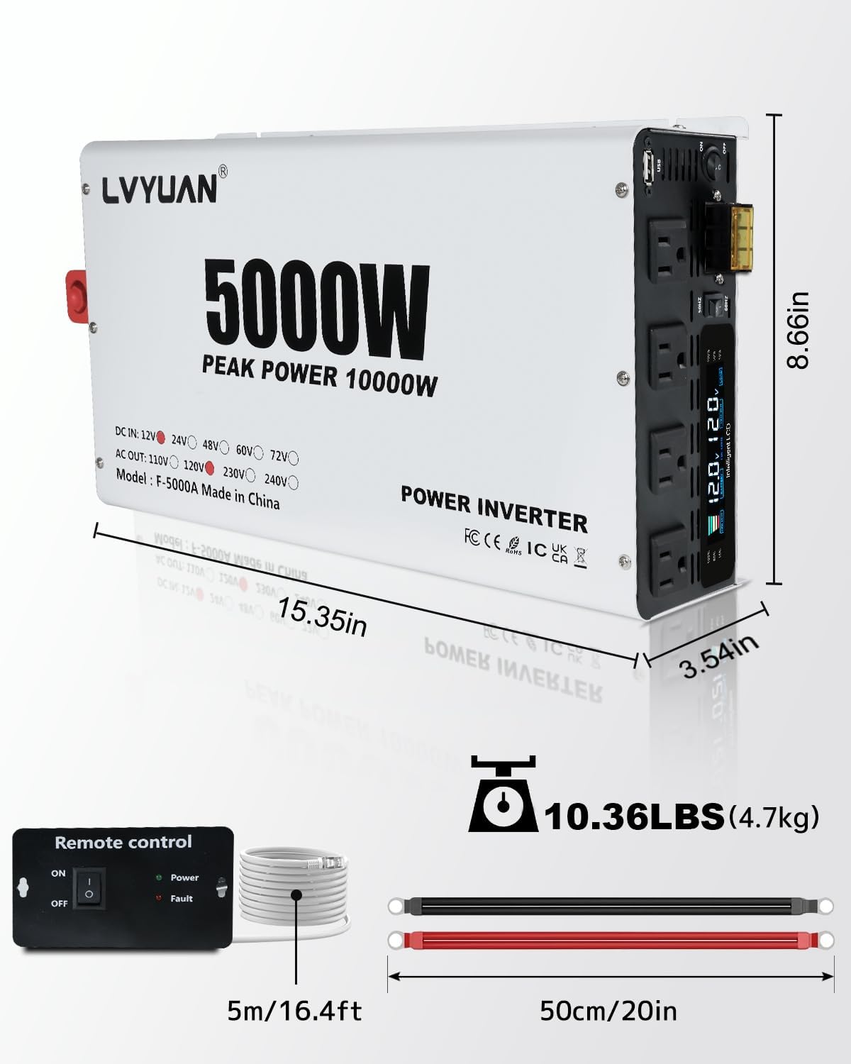 LVYUAN 5000W Power Inverter 12V to 110V/120V DC to AC Converter - 4 AC Outlets, LCD Display, USB Port & Remote Control for RV, Camping & Home