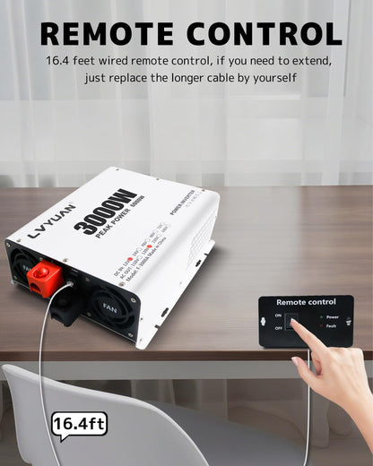 LVYUAN 3000W Power Inverter 12V to 110V/120V DC to AC Converter - 4 AC Outlets, LCD Display, USB Port & Remote Control for RV, Camping & Home
