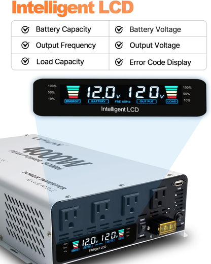 LVYUAN 4000W Power Inverter 12V to 110V/120V DC to AC Converter - 4 AC Outlets, LCD Display, USB Port & Remote Control for RV, Camping & Home
