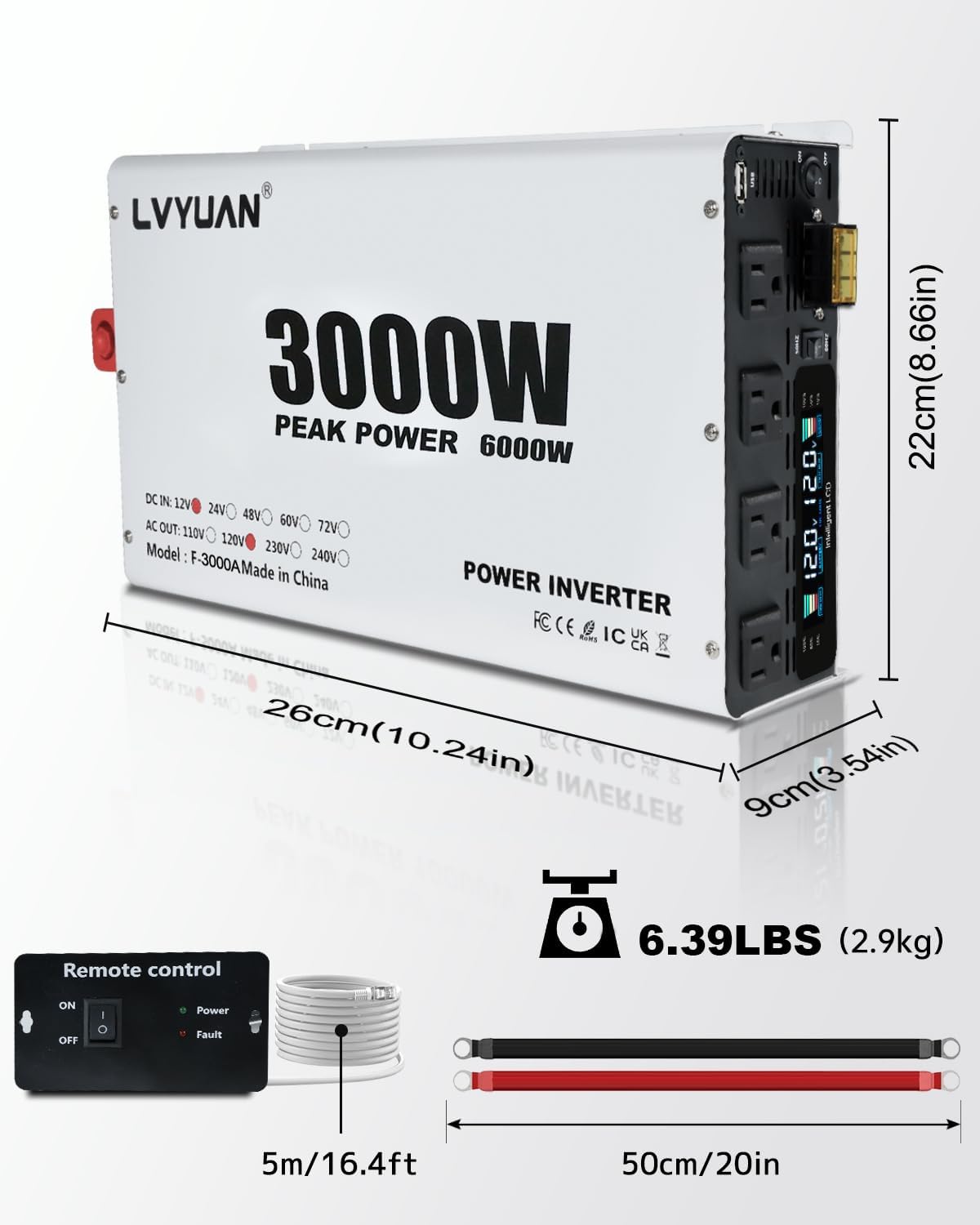LVYUAN 3000W Power Inverter 12V to 110V/120V DC to AC Converter - 4 AC Outlets, LCD Display, USB Port & Remote Control for RV, Camping & Home