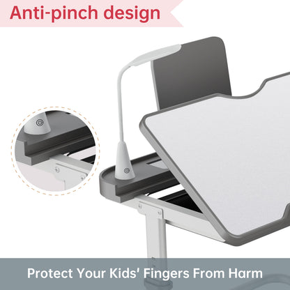 LVYUAN Kids Study Desk and Chair Set Height Adjustable Children School Study Drawing Desk Chair with LED Lamp, Tilt Desktop, Storage Drawer, Book Stand Grey