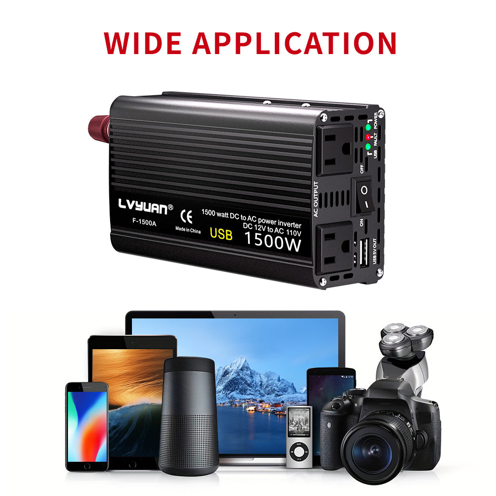LVYUAN 1500 Watts Peak Power Inverter Modified Sine Wave DC 12V to AC 110V 120V Car Converter 2 AC Outlets + USB Adapter USB Charger for Car, RV, Camping & Home Backup Black