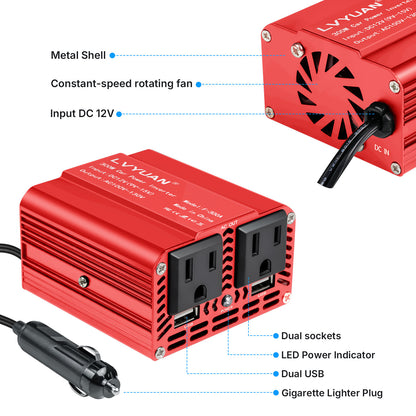 LVYUAN 300W Modified Sine Wave Power Inverter 12V DC to 110V AC Vehicles Converter 2 AC Outlets + 2USB Charger Car Plug Adapter for Laptop, Computer, Car, RV, Camping & Home Red