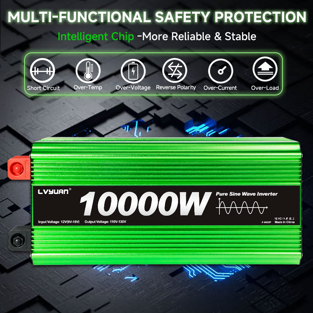 LVYUAN 5000W 10000W Peak Pure Sine Wave Power Inverter 12V DC to 110V AC Converter, 60Hz/50Hz, 4 AC Outlets + USB, LCD Display, Remote Control for Car, RV, Camping & Home Backup Green