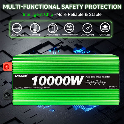 LVYUAN 5000W 10000W Peak Pure Sine Wave Power Inverter 12V DC to 110V AC Converter, 60Hz/50Hz, 4 AC Outlets + USB, LCD Display, Remote Control for Car, RV, Camping & Home Backup Green