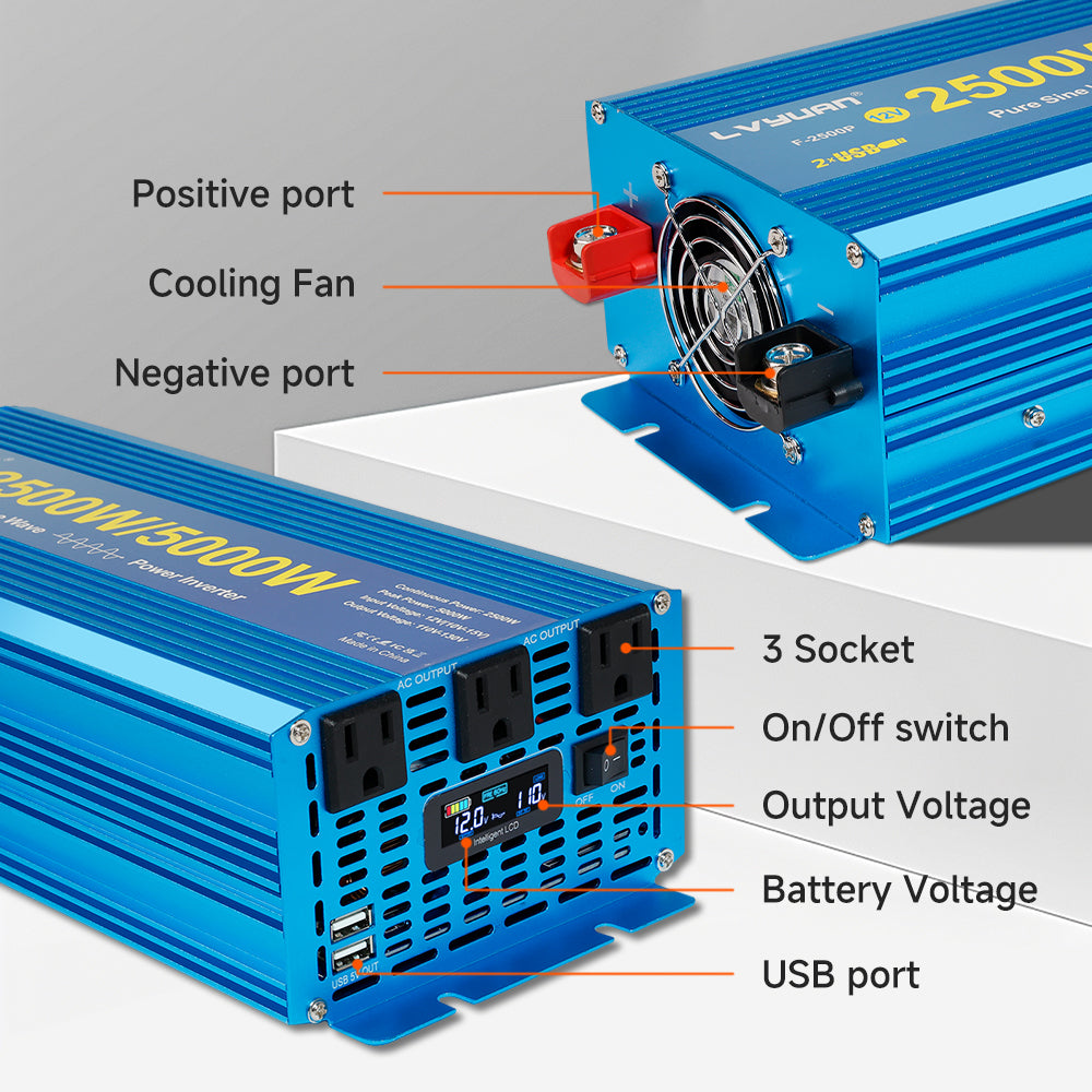 LVYUAN 2500W 5000W Peak Power Inverter DC 12V to AC 110V Pure Sine Wave Car Battery Inverter 3 AC Outlets & 2 USB Charger Adapter LCD Display for Car, RV, Truck, Camping, Home Backup, Emergency Power