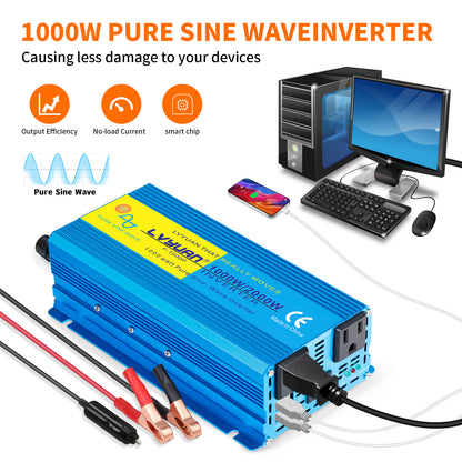 LVYUAN 1000W 2000W Peak Power Inverter DC 12V to AC 110V Pure Sine Wave Car Battery Inverter 2 AC Outlets & 2 USB Charger Adapter for Car, RV, Truck, Camping, Home Backup, Emergency Power