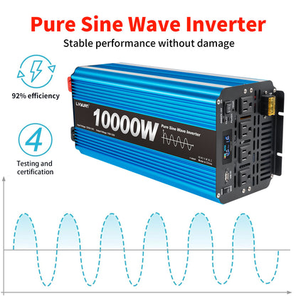 LVYUAN 5000W 10000W Peak Pure Sine Wave Power Inverter 12V DC to 110V AC Converter, 60Hz/50Hz, 4 AC Outlets + USB, LCD Display, Remote Control for Car, RV, Camping & Home Backup Blue