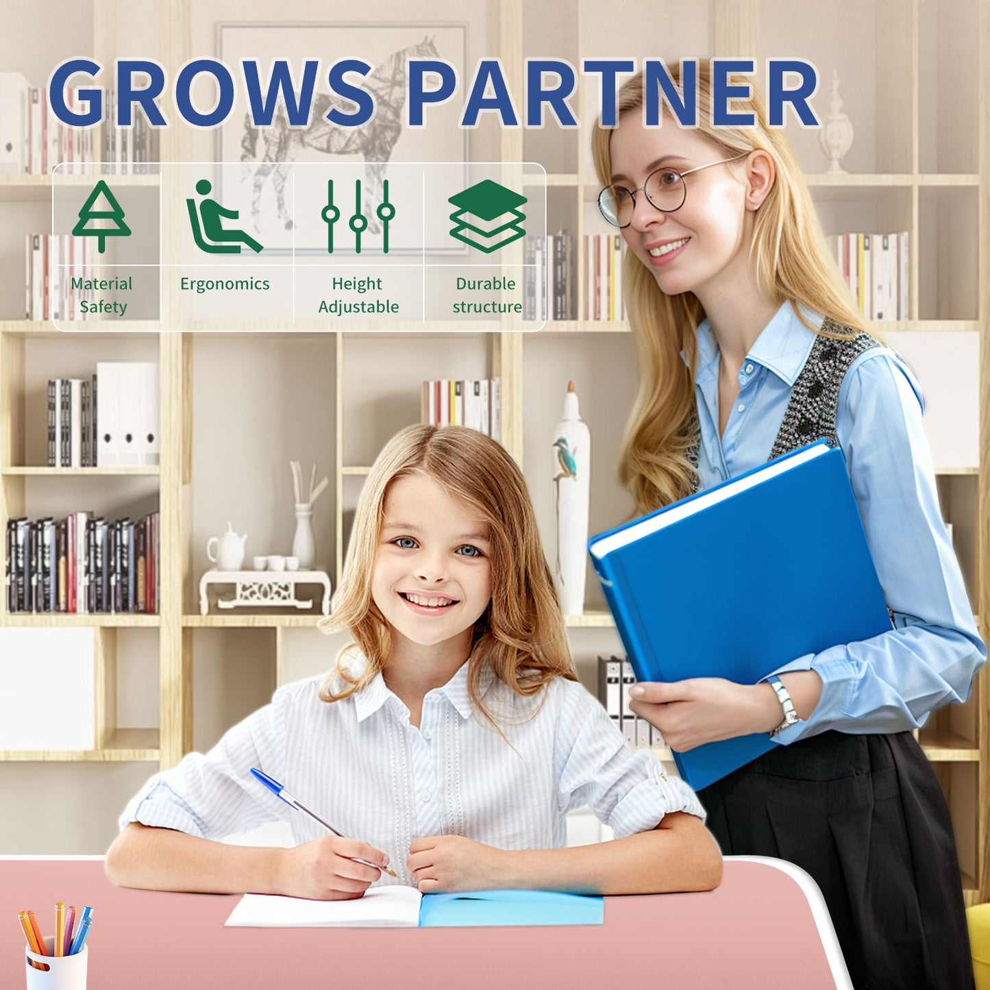 Kids Study Desk and Chair Set, LVYUAN Children School Study Drawing Desk Chair Height Adjustable Kids Table Desk and Chair Set with Storage Drawer, Hook Pink