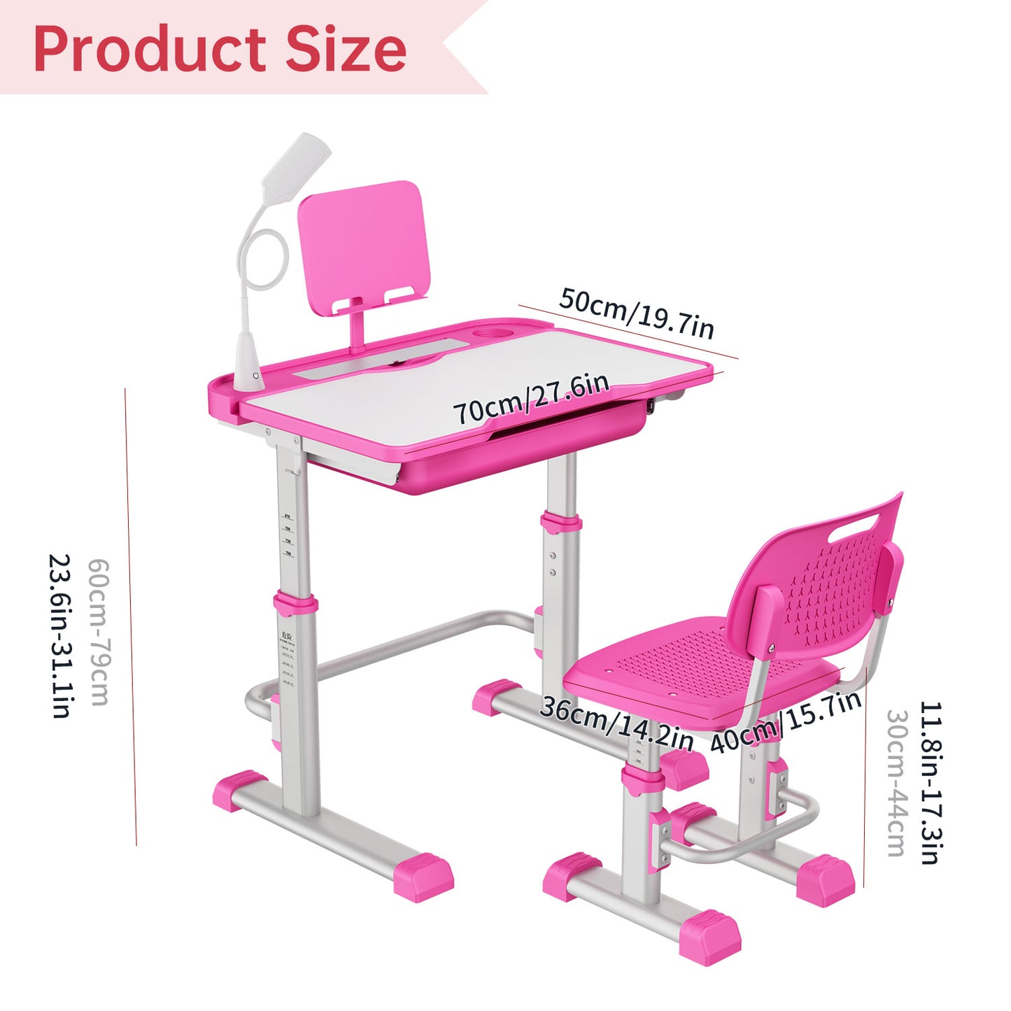 LVYUAN Kids Study Desk and Chair Set Height Adjustable Children School Study Drawing Desk Chair with LED Lamp, Tilt Desktop, Storage Drawer, Book Stand Pink